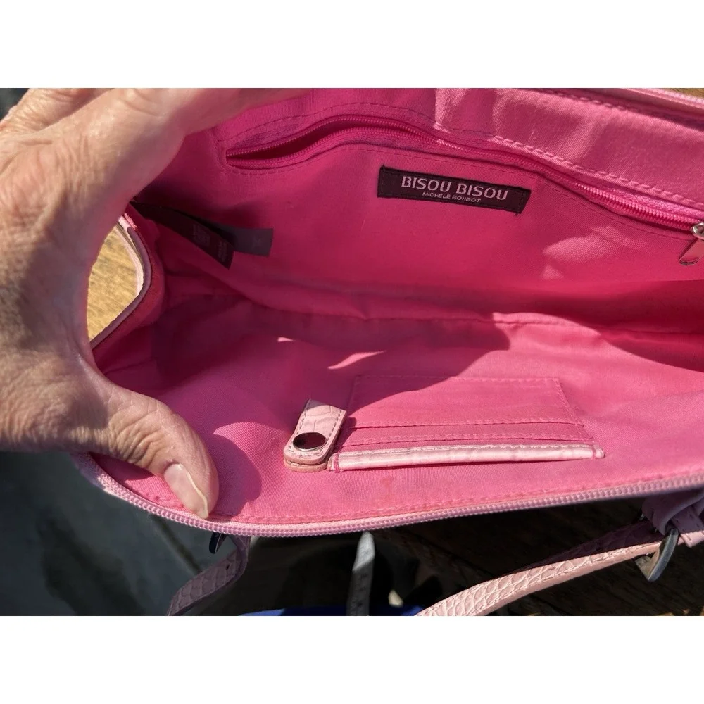 Bisou Pink Faux Croc Embossed Satchel Shoulder Handbag Purse Michele Bohbot